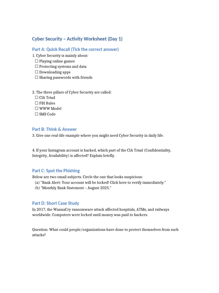 Cybersecurity Activity Worksheet | PDF