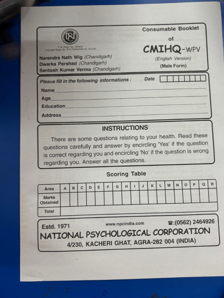 C.M.I Health Questionnaire (Male) | PDF