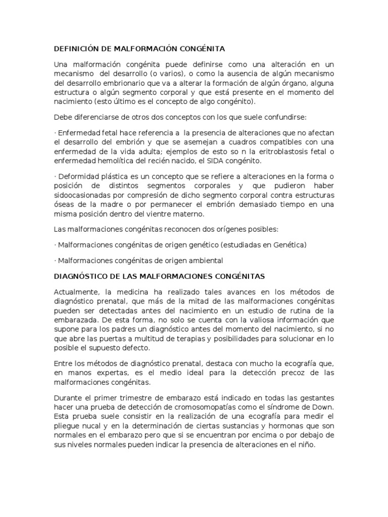 Definición de Malformación Congénita PDF Síndrome de Down Enfermería
