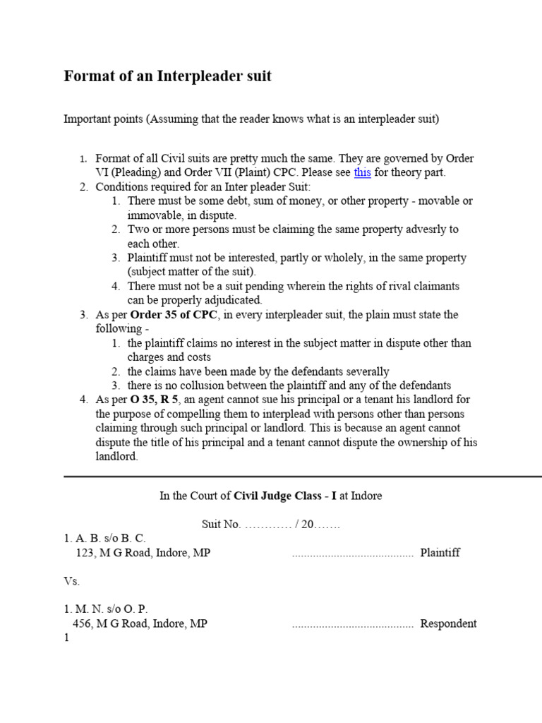 Interpleader Suit Format Guide | PDF | Lawsuit | Civil Law (Common Law)