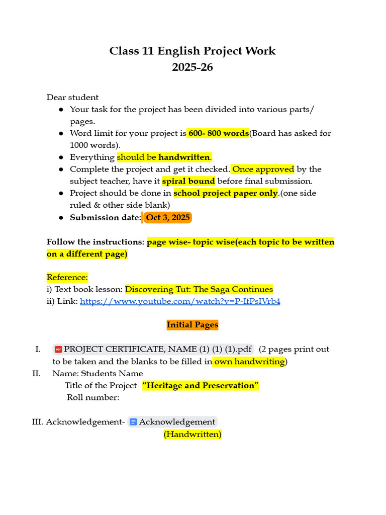 Class 11 English Project Guidelines | PDF