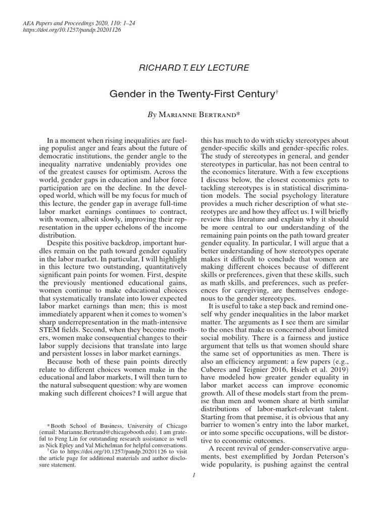 Bertrand, 2020 Gender in The Twenty First Century | PDF | Gender Pay ...