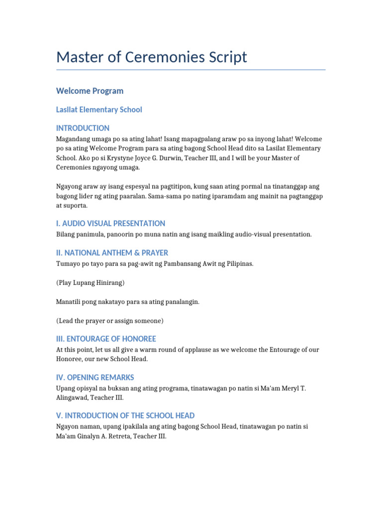 Welcome Program MC Script Lasilat ES | PDF