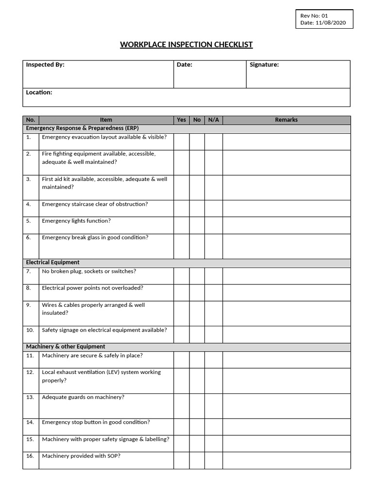 Workplace Inspection Checklistupdated | PDF | Personal Protective ...