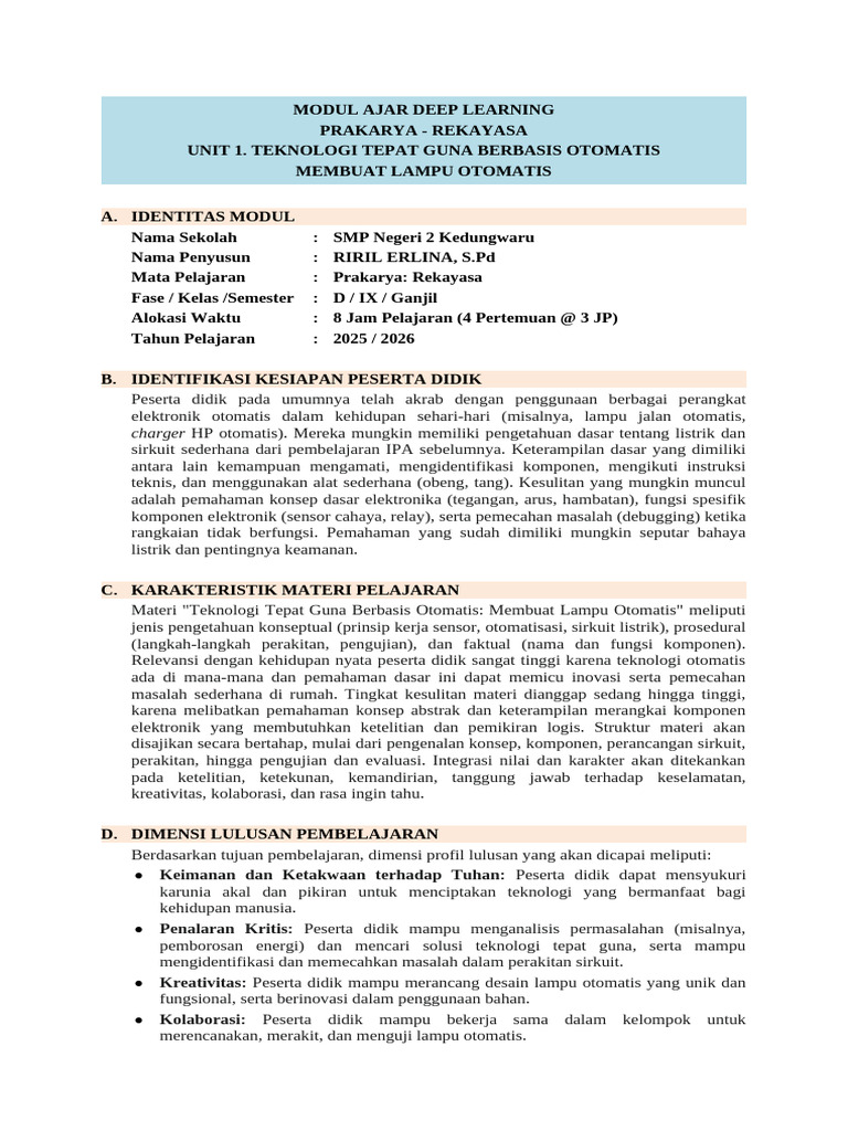 Modul Ajar Deep Learning Prakarya Rekayasa Kelas 9 Terbaru 2025 | PDF