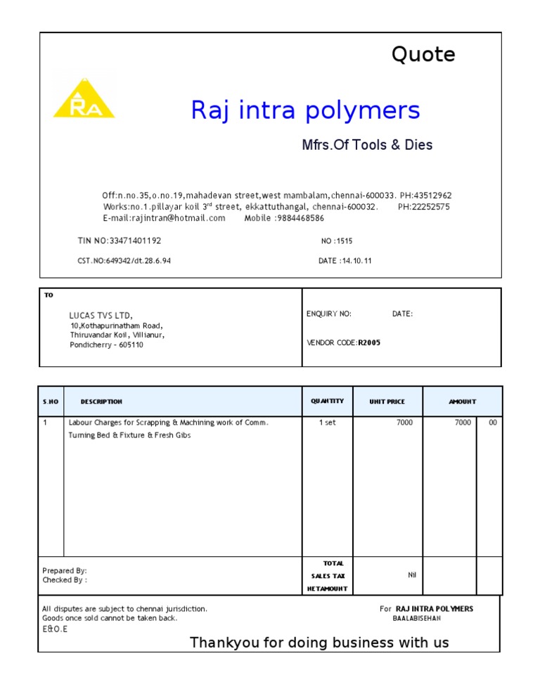 Raj Intra Polymers Quotation Document | PDF | Business | Finance ...