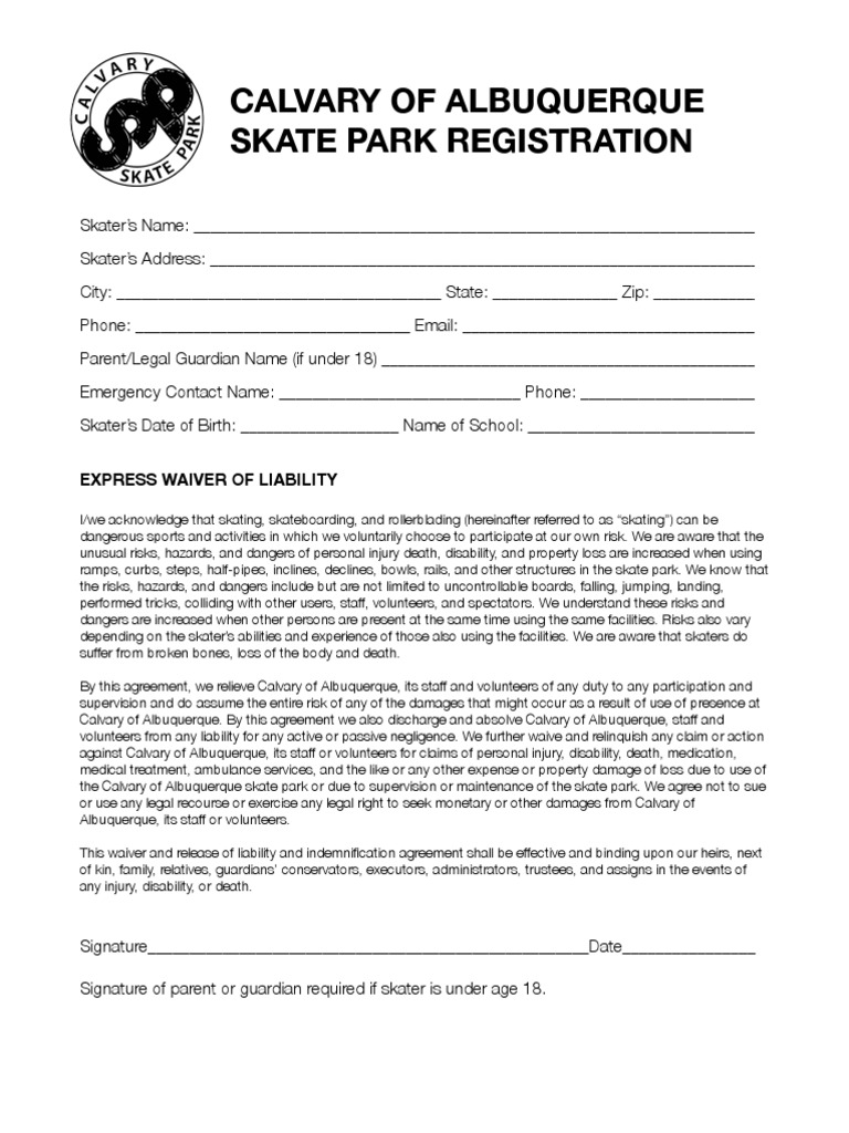 Calvary of Albuquerque Skate Park Registration Express Waiver of