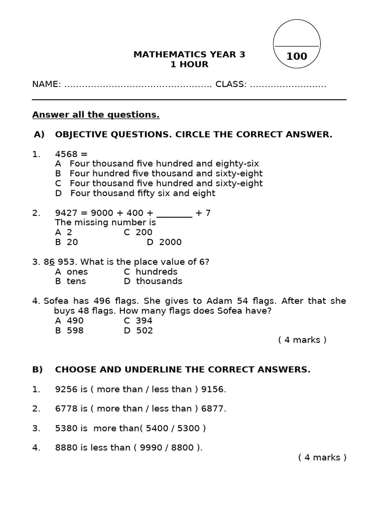 Year 3 Mathematics Practice Test | PDF | Mathematics