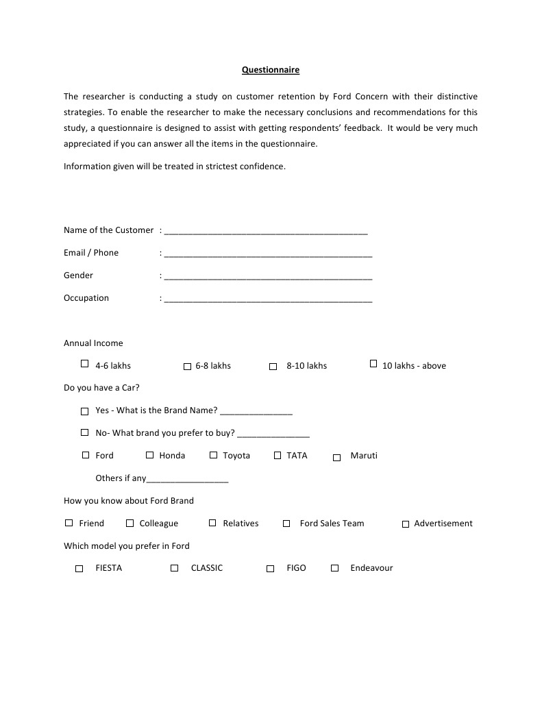 Questionnaire Ford Motor Company Car