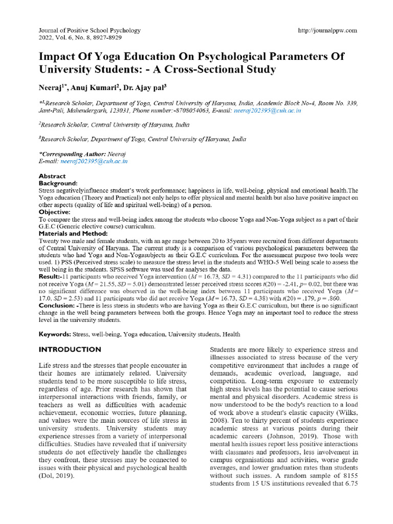 View of Impact of Yoga Education On Psychological Parameters of ...