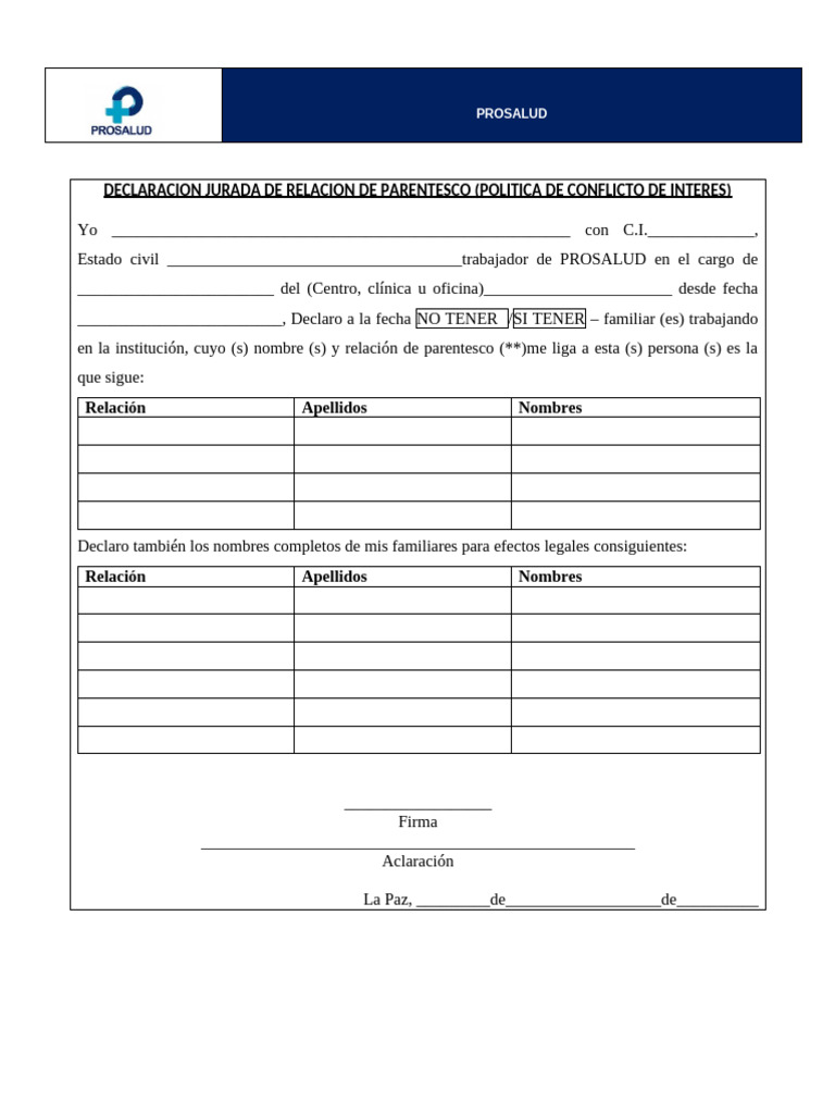 Declaración Jurada de Parentesco PROSALUD | PDF
