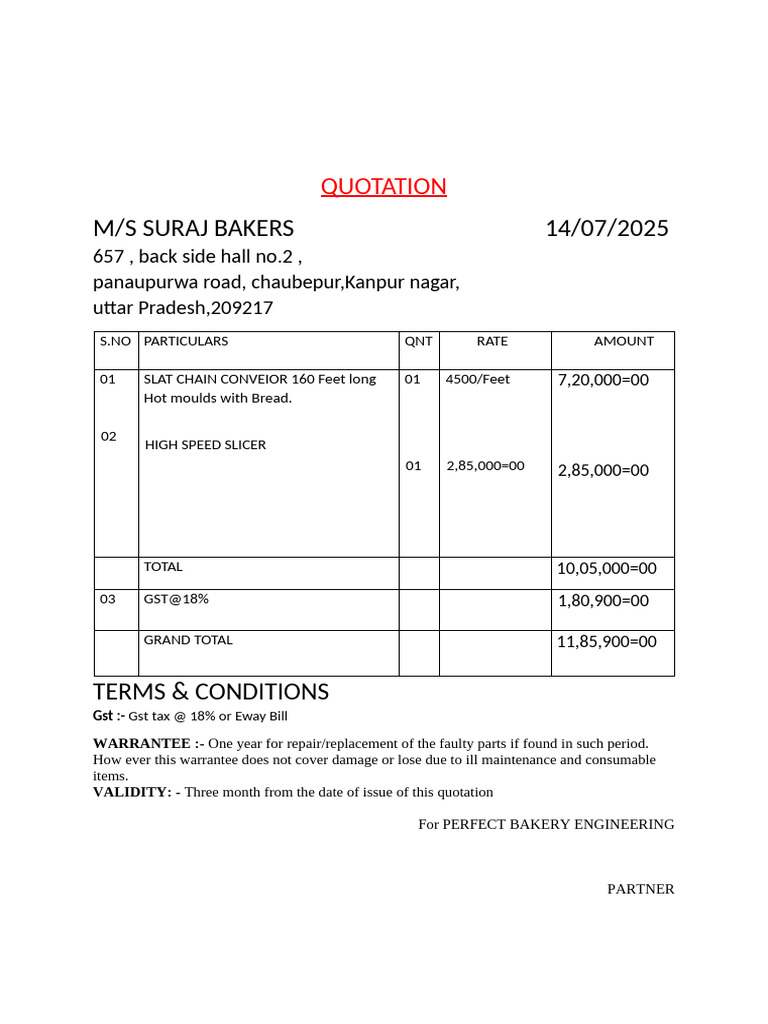 QUOTATION For Slat Chain Conveior | PDF