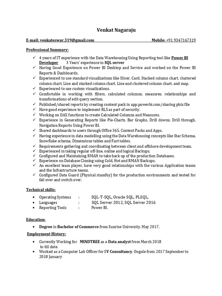 Venkat Nagaraju - 4.6 Years - Power BI - HCL - Hyderabad | PDF ...