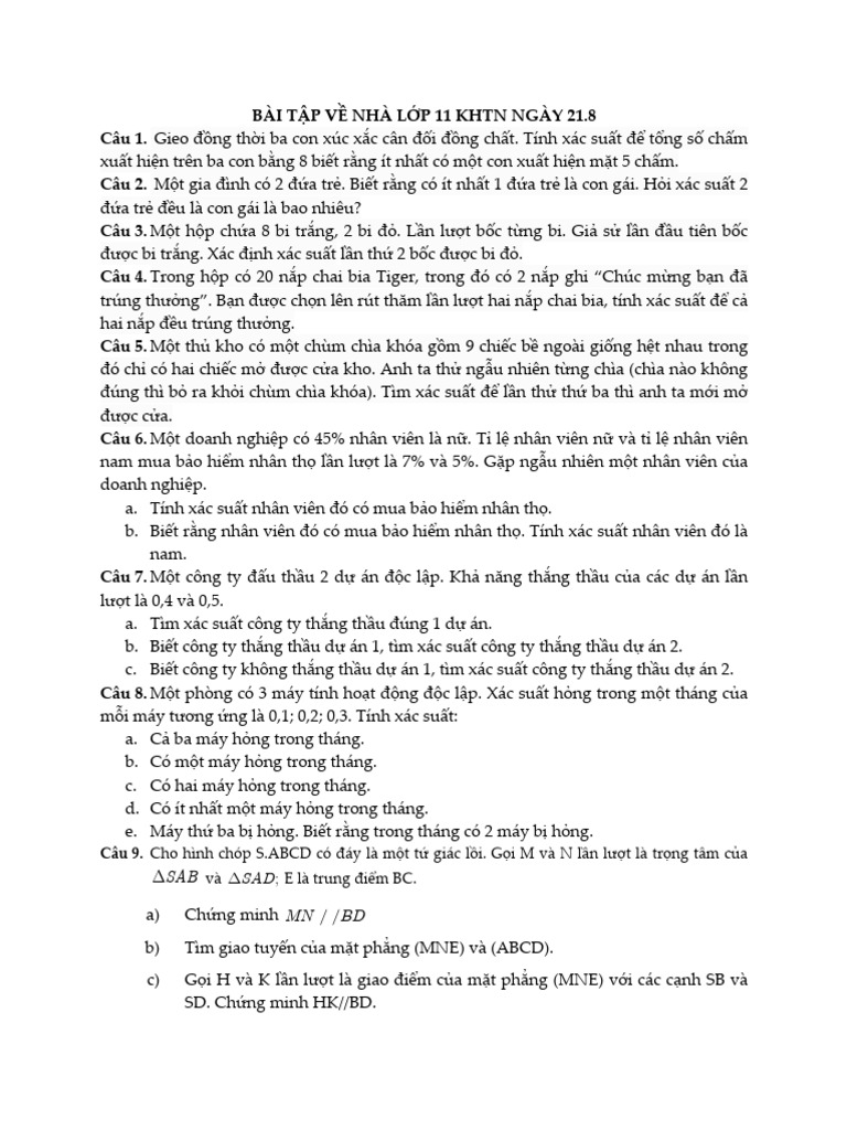 BTVN Lớp 11 KHTN Ngày 21.8 | PDF