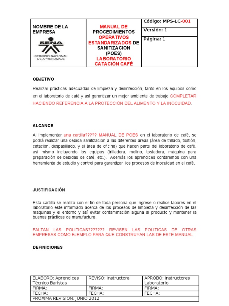 Manual de Procedimientos Operativos Estandarizados de Sanitizacin de Caf |  PDF | café | Detergente