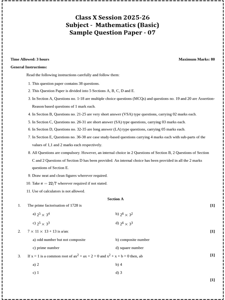 Class X Mathematics Sample Paper 2025-26 | PDF | Circle | Rupee