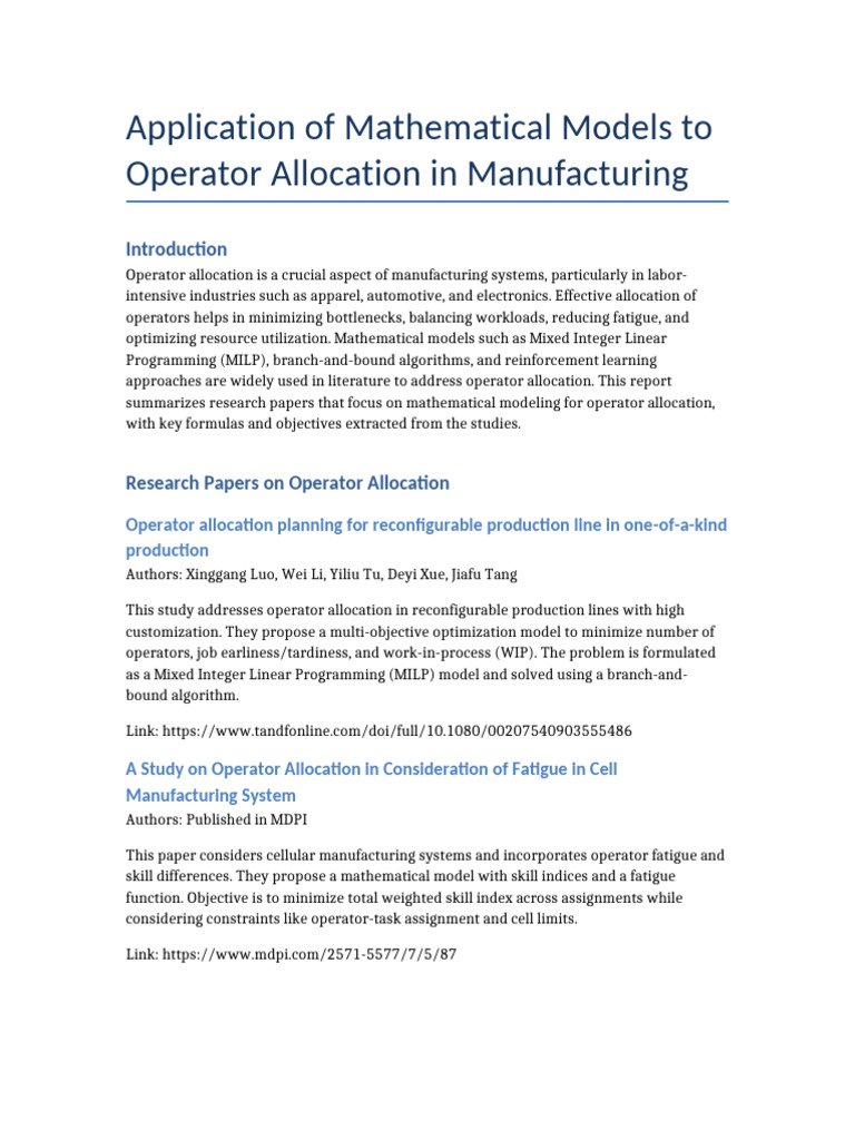 Operator Allocation Models | PDF | Linear Programming | Computational ...