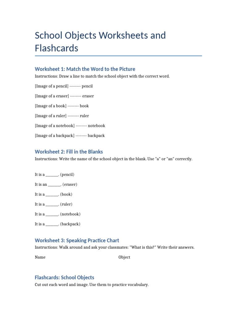 School Objects Worksheets for 1st Grade | PDF