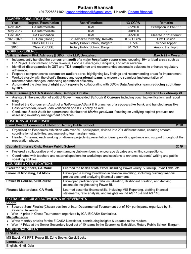 Padam Bhansali: CA Trainee Profile | PDF | Business