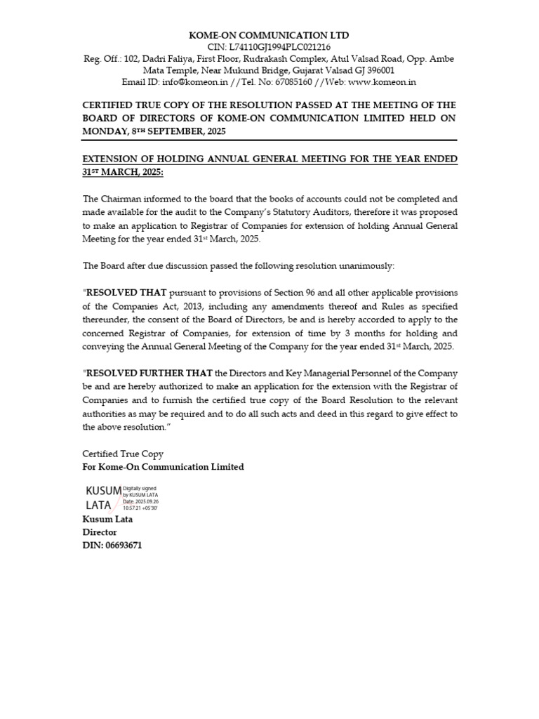 Kome-On Communication AGM Extension Resolution | PDF