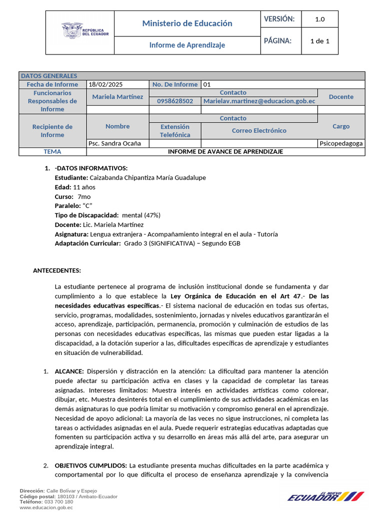 Informe de Avance de Aprendizaje 2025 | PDF | Aprendizaje | Salón de clases