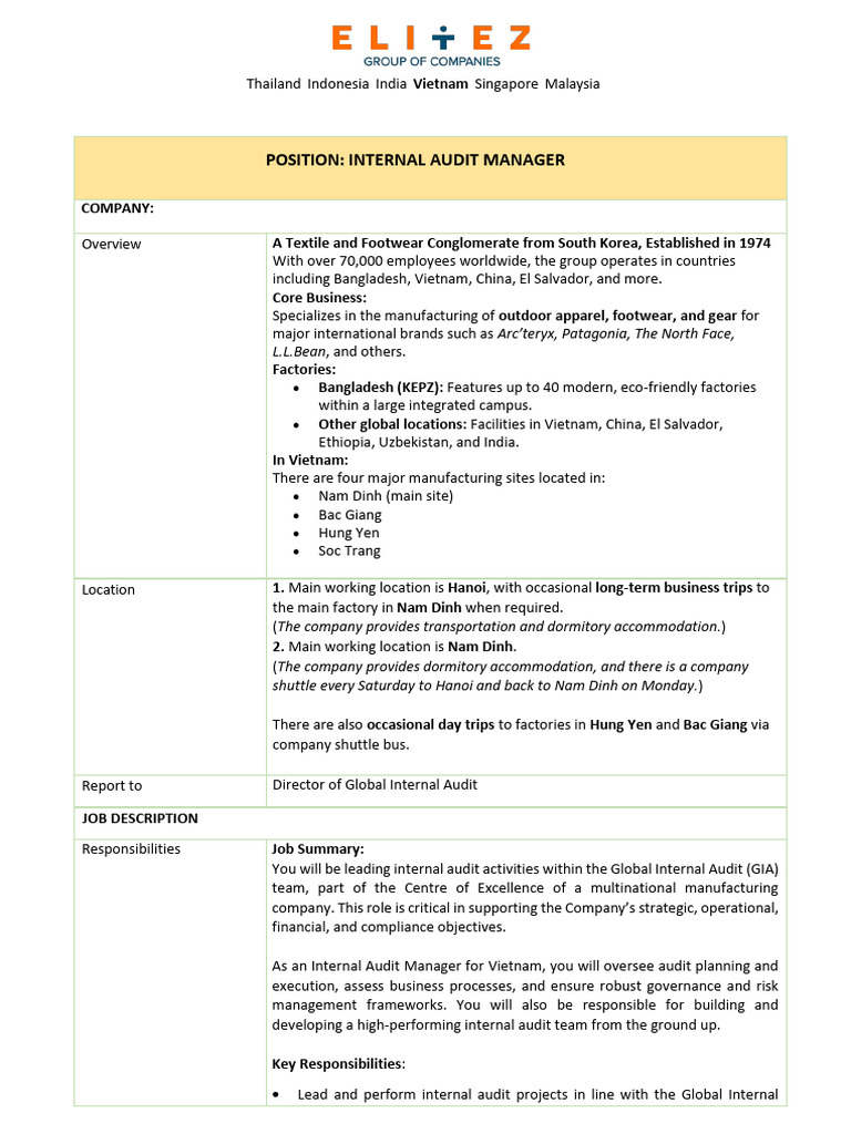 Internal Audit Manager Position in Vietnam | PDF | Internal Control ...