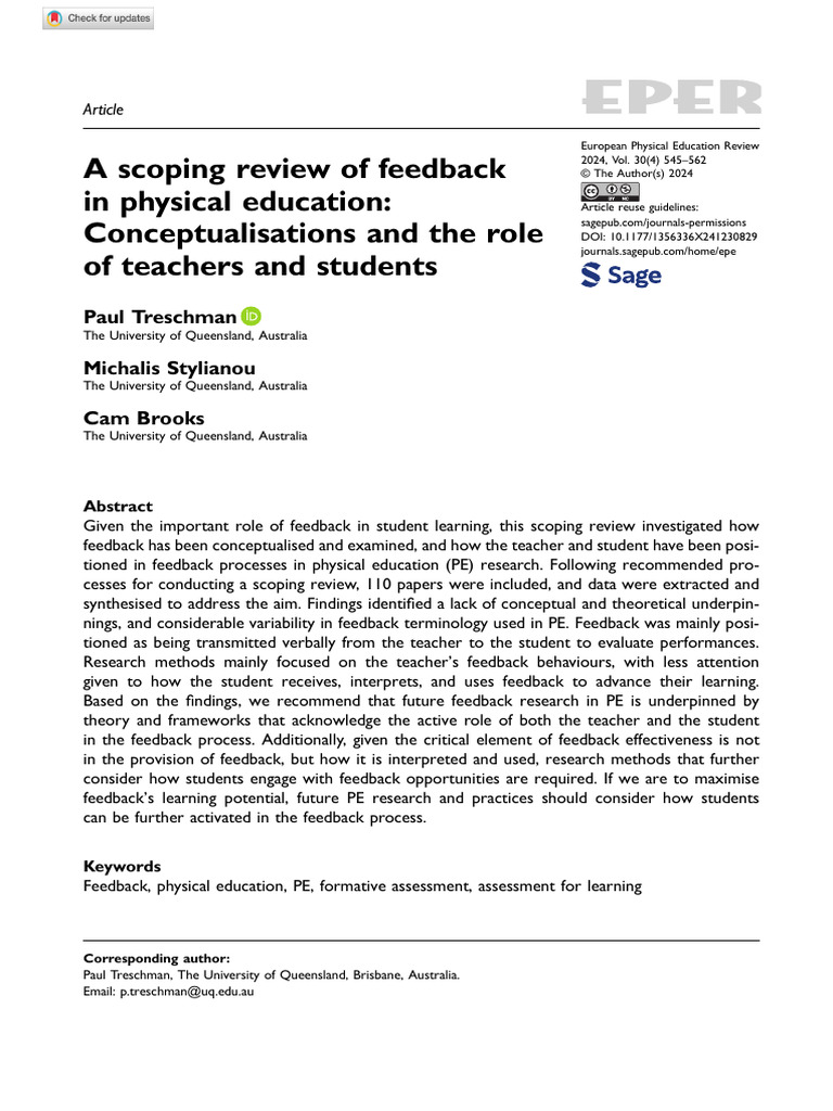 Feedback Dynamics in Physical Education | PDF | Systematic Review ...