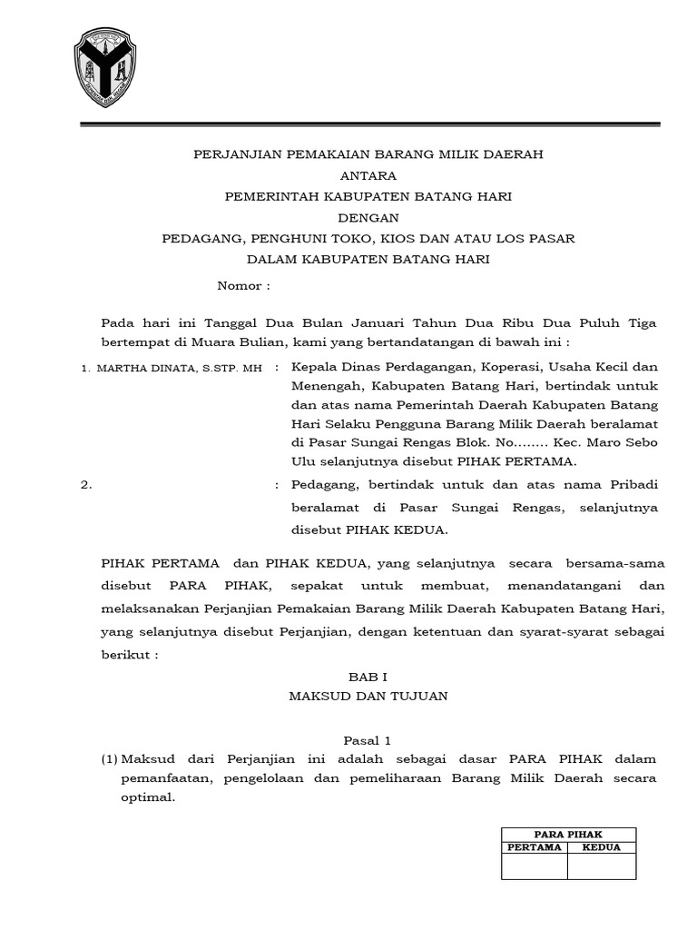 Perjanjian Pemakaian Pasar Sungai Rengas | PDF