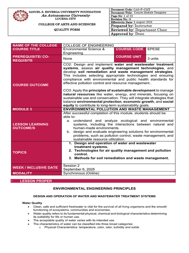 Environmental Engineering Course Module | PDF | Chloride | Alkalinity