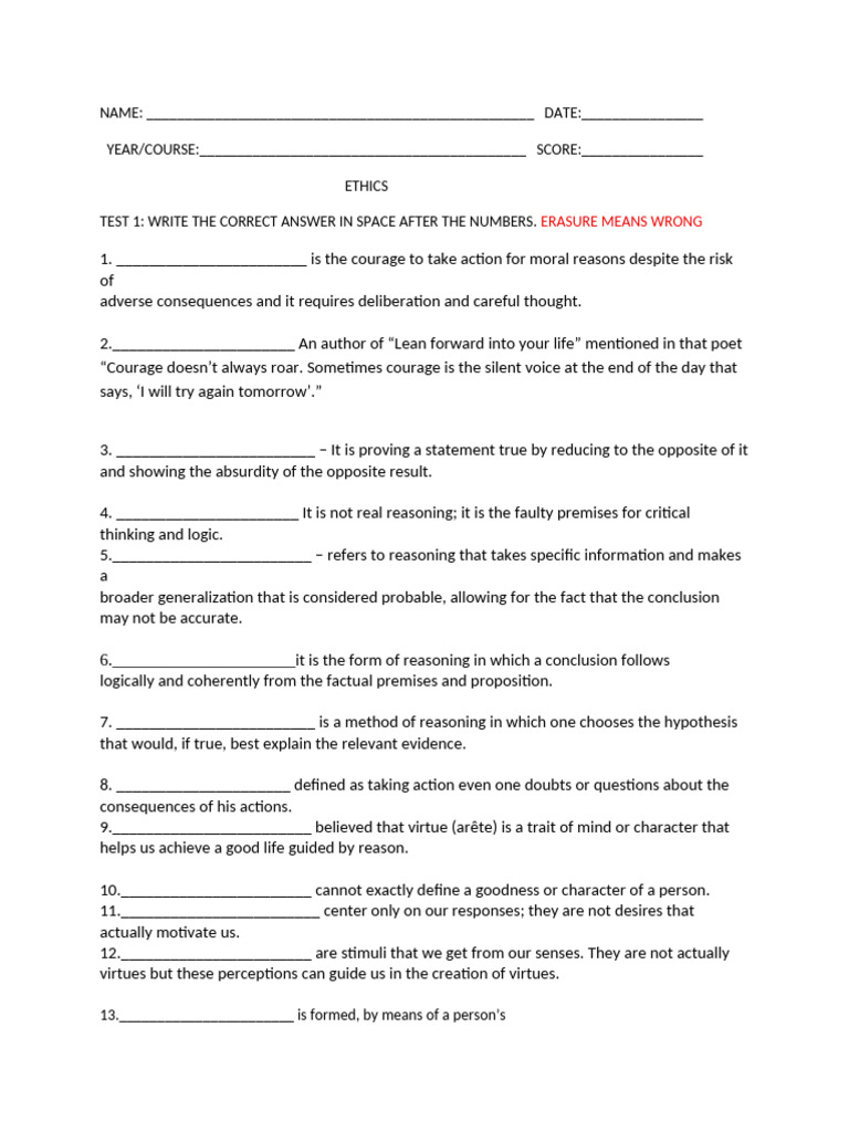 Ethics Test: Courage and Reasoning Concepts | PDF | Reason | Virtue
