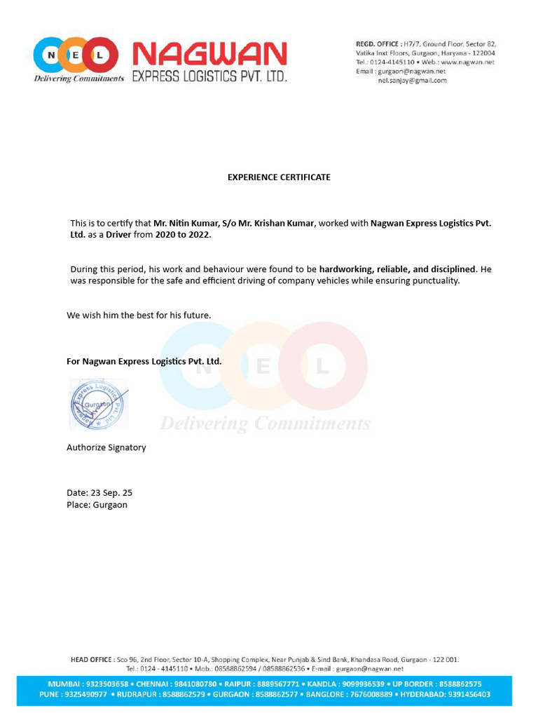 Nitin Kumar Experience Certificate | PDF