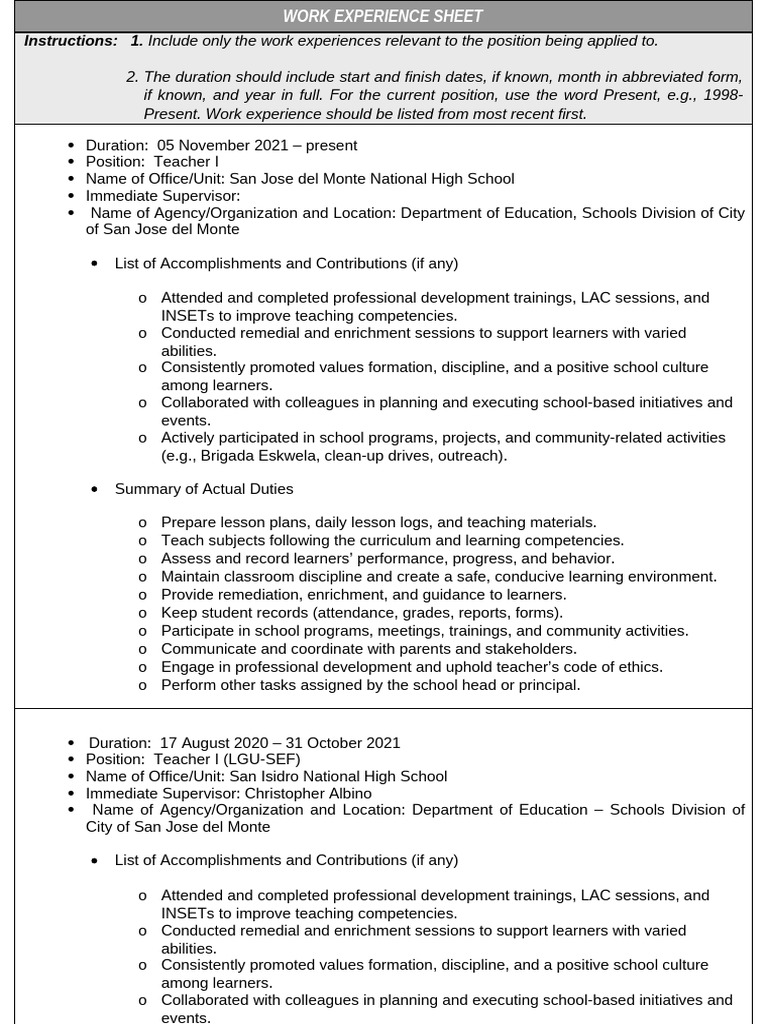 Teacher Work Experience Sheet Template | PDF | Learning | Teachers
