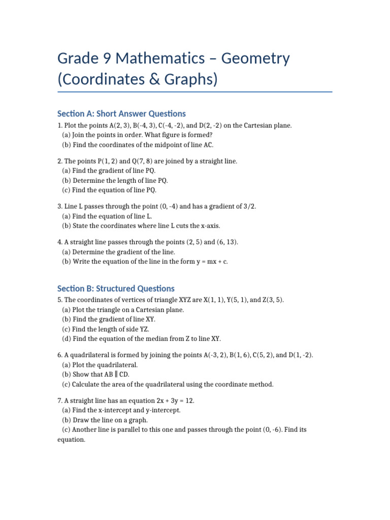 Grade 9 Geometry: Coordinates & Graphs | PDF | Cartesian Coordinate ...