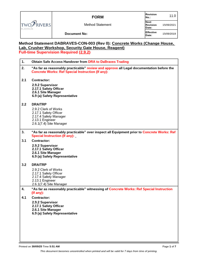 Concrete Works Method Statement Guide | PDF | Concrete | Materials