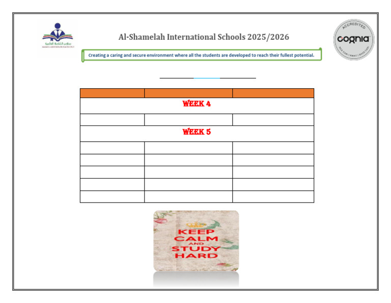 Al-Shamelah Schools 2025/26 Test Schedule | PDF