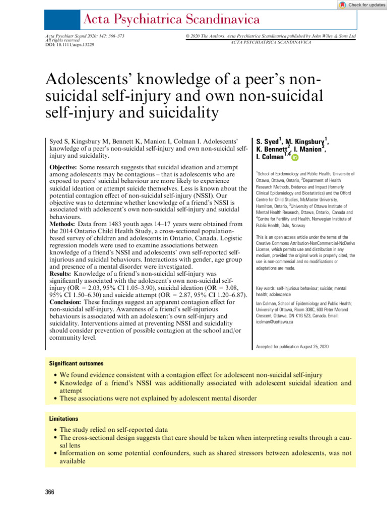 2020 - Syed - Adolescents Knowledge of A Peer S Non Suicidal Self ...