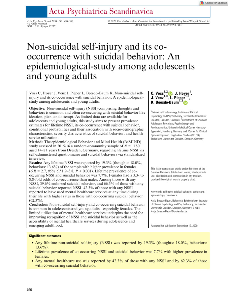 NSSI and Suicidal Behavior in Youth | PDF | Self Harm | Psychiatry