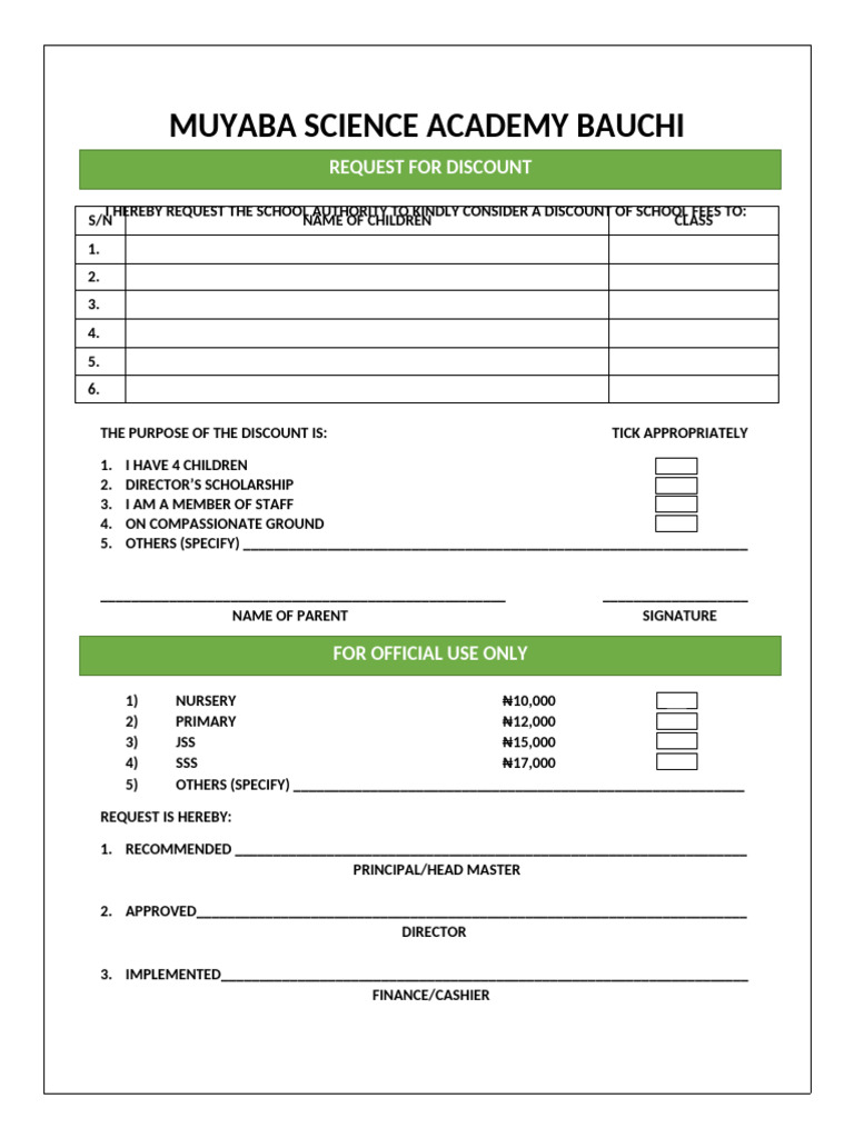 Discount Request Form for Muyaba Academy | PDF