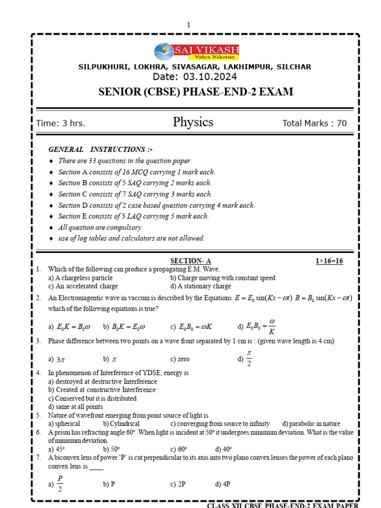 CBSE Class XII Physics Exam Paper 2024 | PDF | Physics | Light