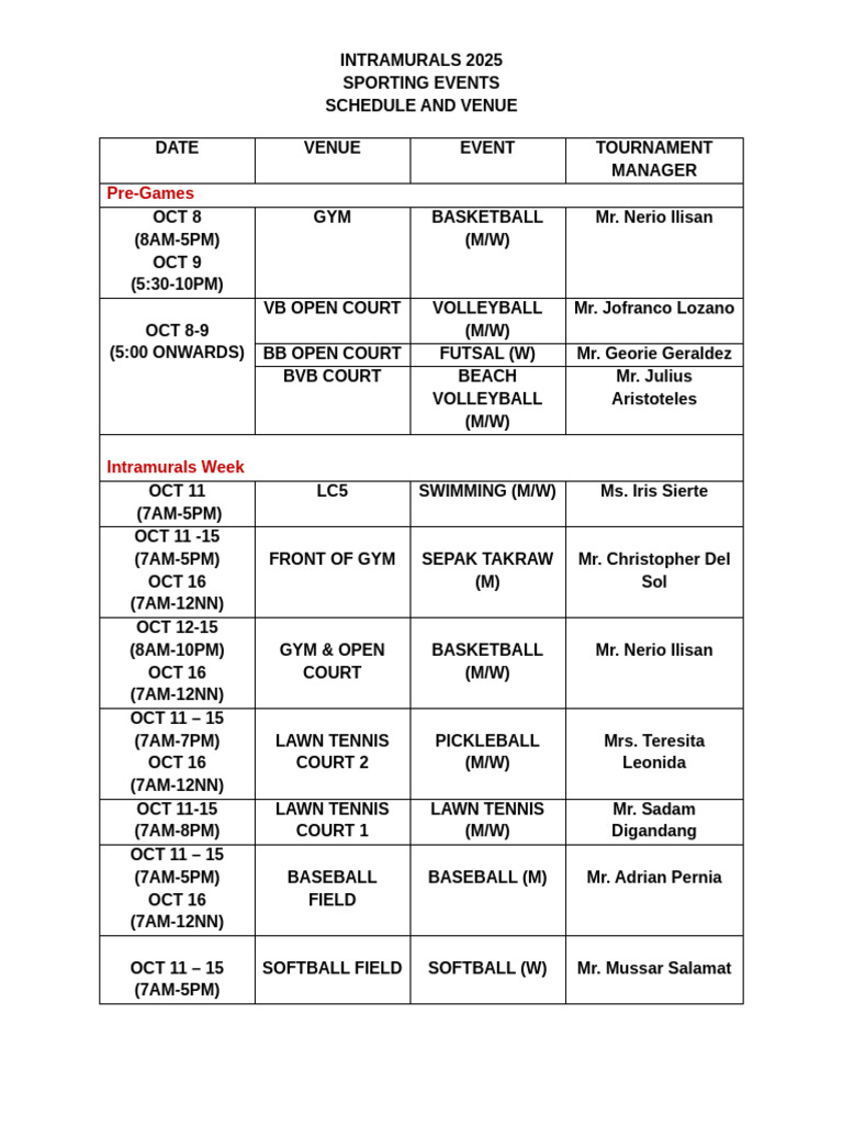 Intramurals 2025 Event Schedule | PDF | Physical Exercise | Team Sports