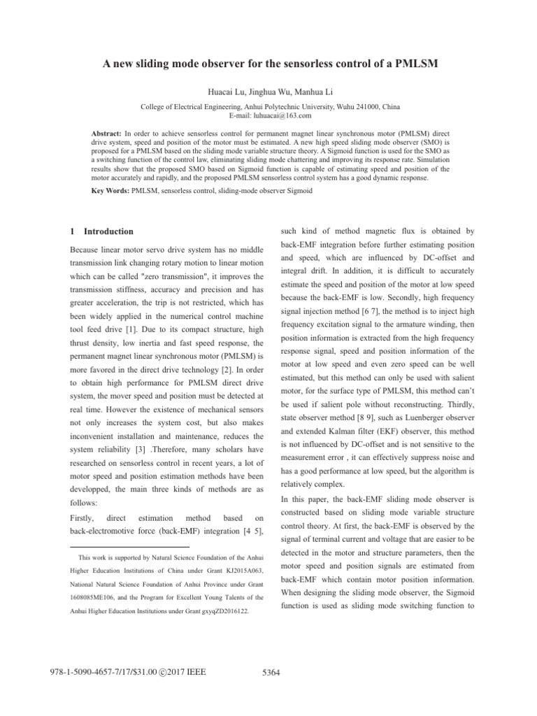 A New Sliding Mode Observer For The Sensorless Control of A PMLSM | PDF ...