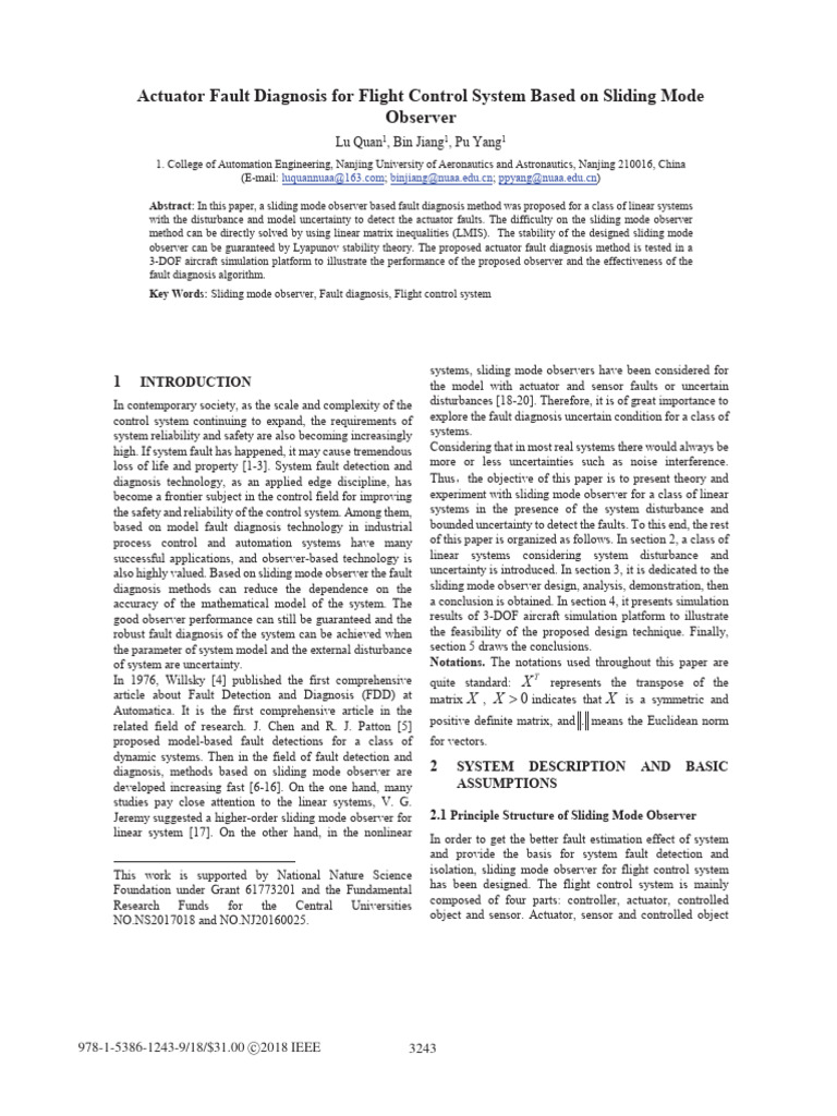 Actuator Fault Diagnosis For Flight Control System Based On Sliding ...