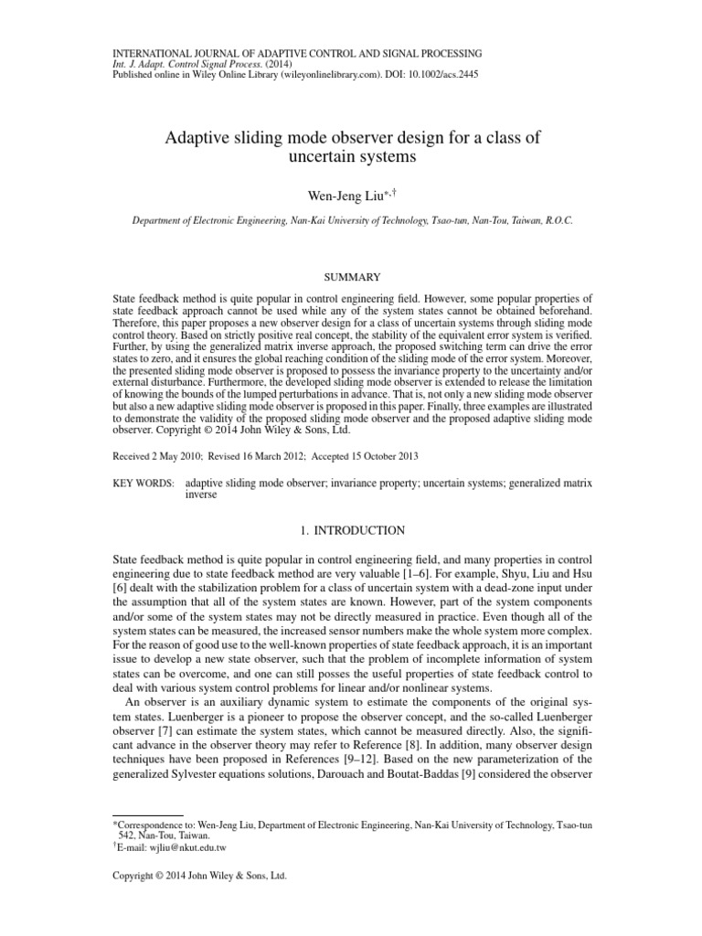 Adaptive Sliding Mode Observer Design For A Class of Uncertain Systems ...
