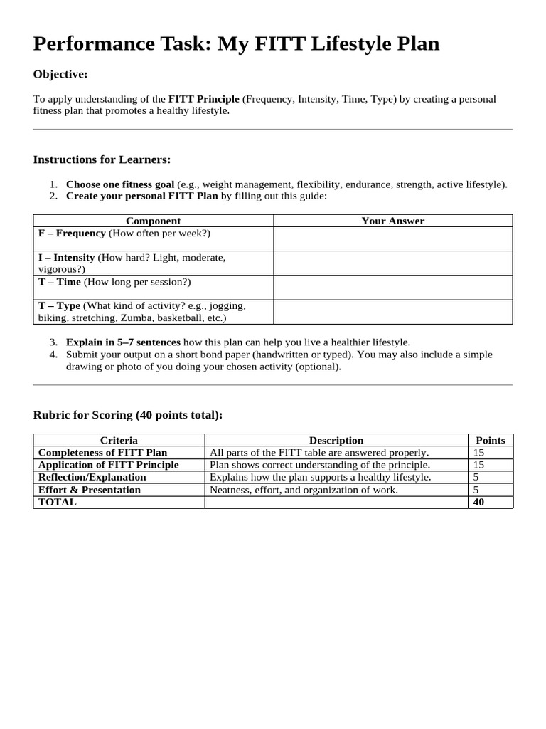 My Personal FITT Lifestyle Plan | PDF | Healthy Diet | Physical Fitness