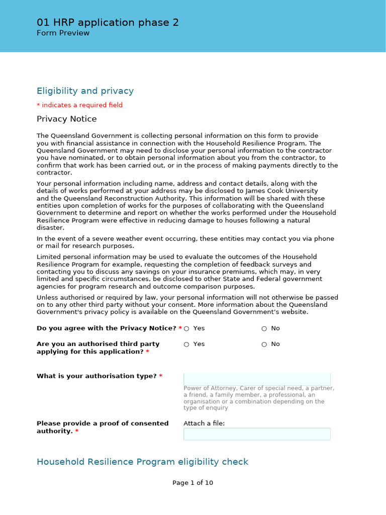 Household Resilience Program Application | PDF