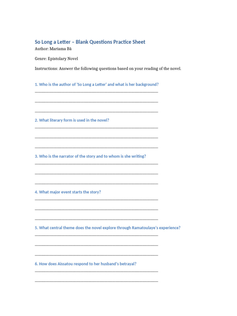 So Long a Letter Study Questions Sheet | PDF | Chess Theory | Chess