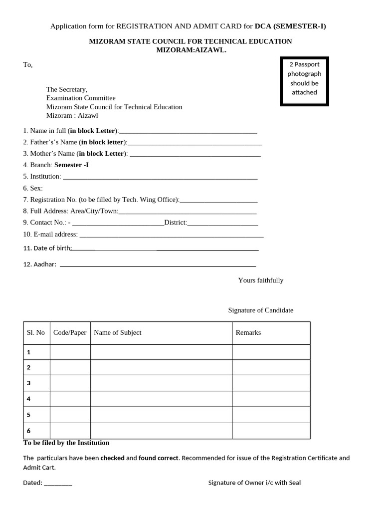 DCA Registration and Admit Card Form | PDF