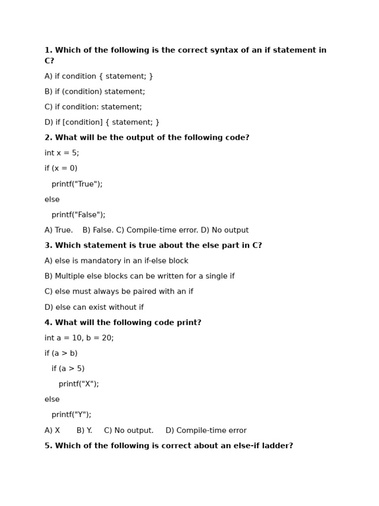 C Programming Conditional Statements Quiz | PDF | Boolean Data Type ...