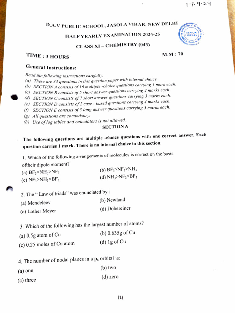 Class XI Chemistry Half-Yearly Exam 2024 | PDF | Ion | Chemical Bond