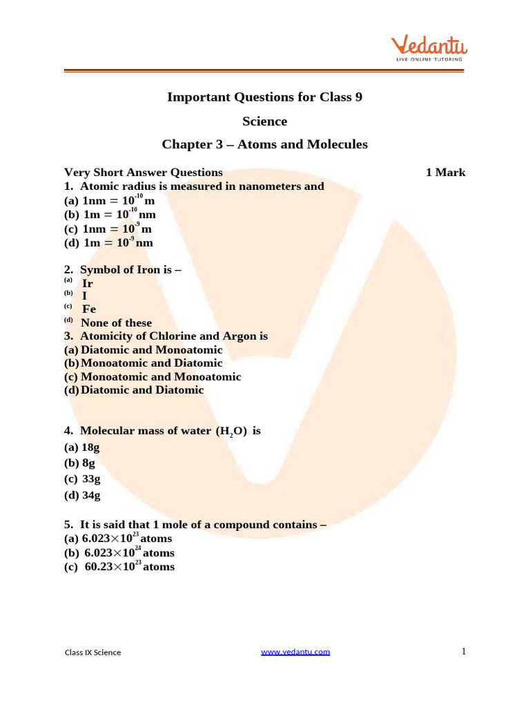 CBSE Class 9 Science Atoms Question | PDF | Mole (Unit) | Atoms